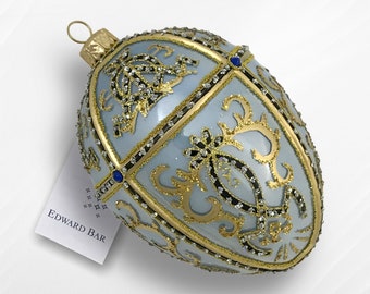 Pearl Blue Egg | Oriental | Hand-blown Glass Ornament | Christmas Decorations | Imperial Egg | Faberge Style