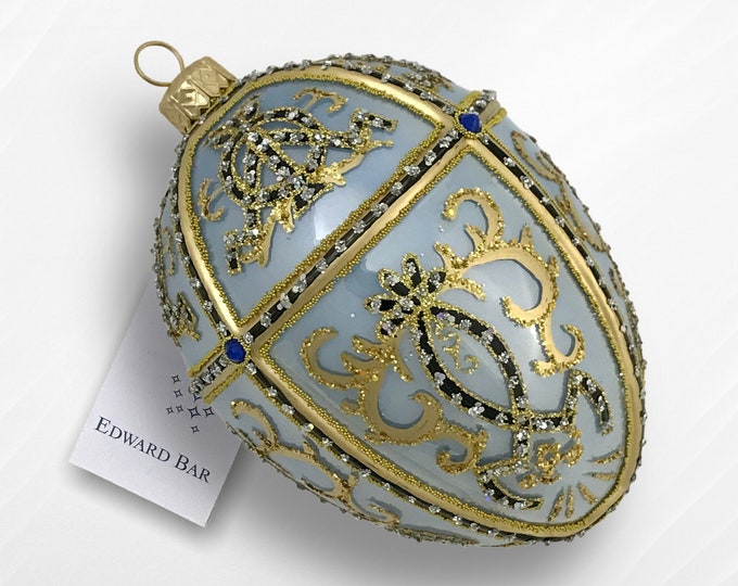 Light Blue Pearl Egg, Oriental Ornament Egg, Glass Christmas Ornament With Swarovski Crystals, Handmade In Poland, Faberge Style Tsar's Eggs