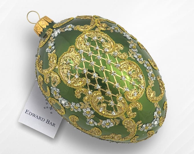 Olive Egg, Ornamental, Glass Christmas Tree Ornament With Swarovski Crystals, Handmade in Poland, Polish Glass Ornaments