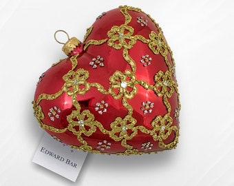 Red glossy heart with ribbons, glass christmas ornament hand-decorated, heart glass bauble,Polish glass traditional,Faberge Style