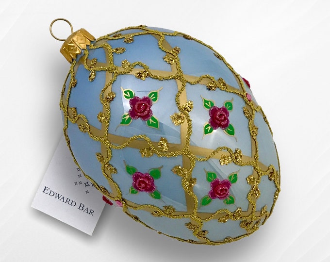Light Blue Egg, Wild Rose, Glass Christmas Ornaments Whit Swarovski Crystals, Faberge Style Egg, Royal Gift, Handmade in Poland,