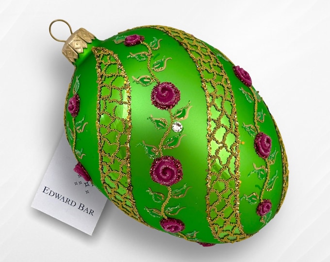 Green Egg, Spiral Rose, Glass Christmas Tree Ornaments, Handmade With Svarowski Crystals, Handmade in Poland, Fabergé Style Egg, Unique Gift