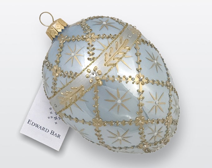 Light Blue Egg, Royal Carriage, Glass Christmas Tree Ornaments, Handmade With Swarovski Crystals, Faberge Style,Polish Ornaments