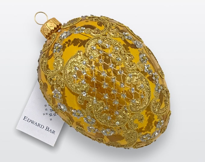 Transparent Golden Egg, Ornamental, Glass Christmas Tree Ornaments, Handmade In Poland, A Royal Faberge Style Eggs with Swarovski Crystals