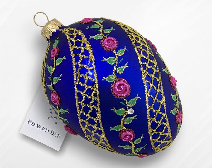 Sapphire Egg | Floral Wreath | Hand-decorated glass Christmas bauble | Glass Christmas ornaments | Faberge-style eggs