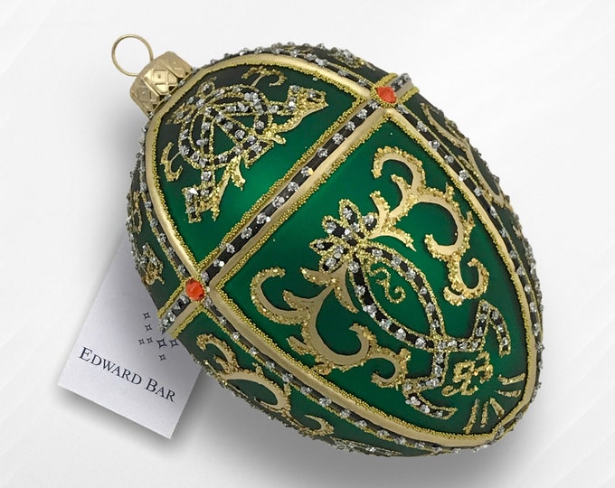 Collectible Bauble Matt Green Egg, Oriental Ornament Egg, Glass Christmas Ornament, Swarovski Crystals, Glass Handmade, Faberge Style