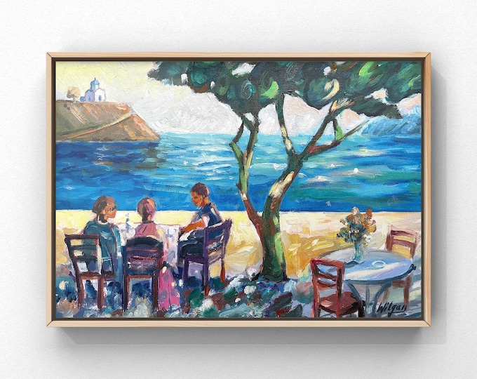 Greek Landscape, Breakfast Under the Tree, Original Painting 12x16 inch