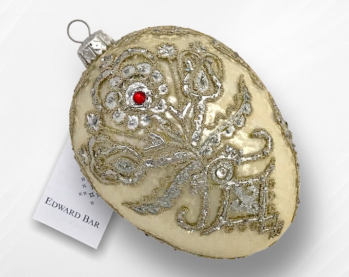Creamy & Silver Egg, Parzenica Goralska, Glass Christmas Tree Ornament, Egg Ornament with Swarovski Crystals, Handmade in Poland