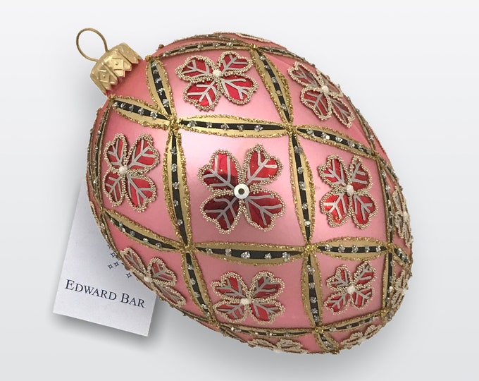 Pink egg, 4-Leaf Clover, Glass Christmas decorations with Swarovski crystals, Handmade in Poland, Polish traditional glass, Hand-blown glass