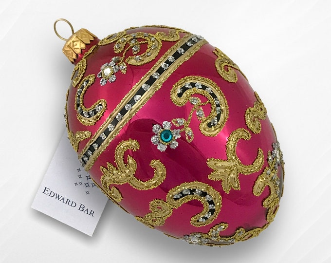 Red Glossy Egg, Azov, Glass Christmas Ornament, Faberge Style Tsar's Egg, Swarovski Crystals, Royal Gift, Handmade in Poland,