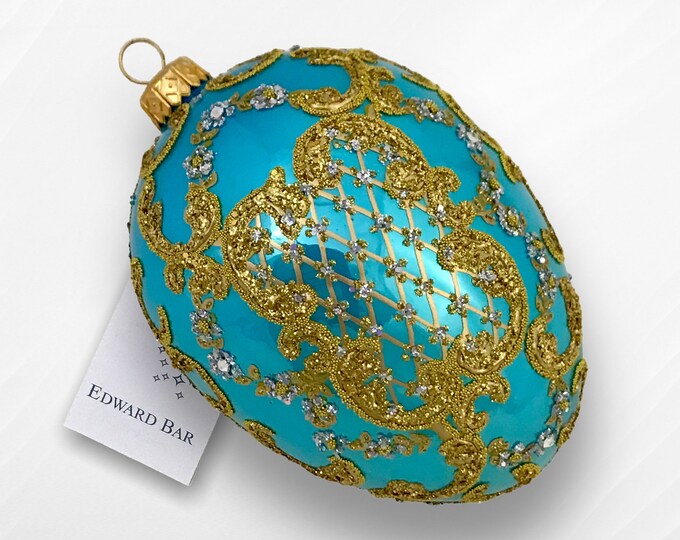 Turquoise Egg, Ornamental, Glass Christmas Tree Ornament With Swarovski Crystals, Handmade in Poland, Polish Glass, Royal Eggs, Unique Gift