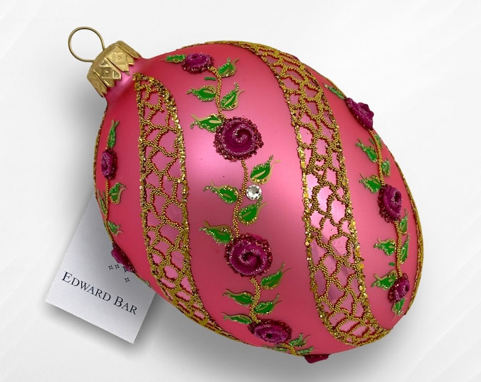 Pink Egg, Spiral Rose, Glass Christmas Tree Ornaments, Handmade With Svarowski Crystals, Handmade in Poland, Fabergé Style Egg, Unique Gift