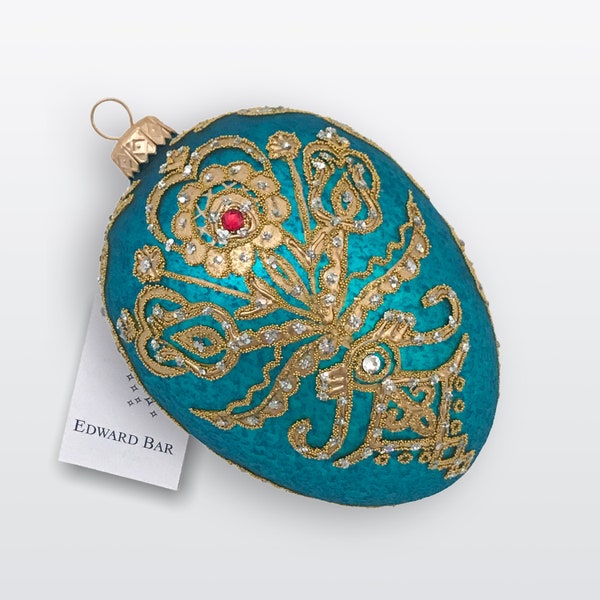 Turquoise egg, Parzenica, glass Christmas tree ornament with Swarovski crystals, handmade in Poland, Egg Faberge Style