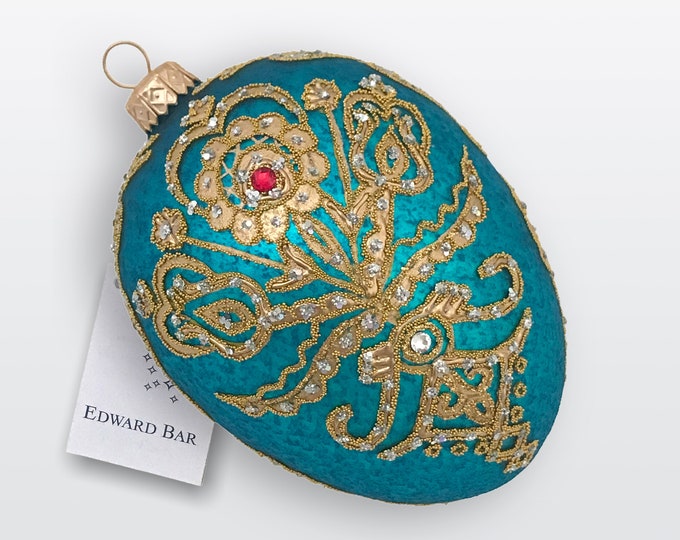 Turquoise Egg, Parzenica, Glass Christmas Tree Ornament with Swarovski Crystals, Handmade in Poland, Egg Faberge Style, Royal Egg