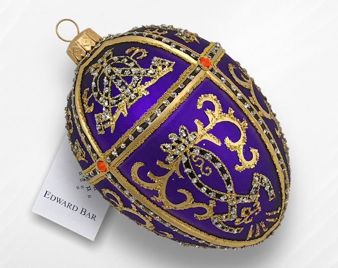 Violet Matte Egg, Oriental Ornament Egg, Glass Christmas Ornament With Swarovski Crystals, Handmade In Poland, Faberge Style Tsar's Eggs