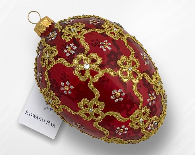 Red Transparent Egg, Ribbons, Glass Christmas Tree Ornament Handmade In Poland, Tsar's Style Eggs, Traditional Polish Glass