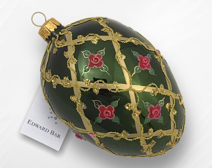 Olive Green Egg, Wild Rose, Glass Christmas Ornaments With Swarovski Crystals, Faberge Style Egg, Royal Gift, Handmade in Poland,