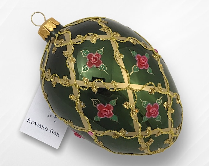 Olive Green Egg, Wild Rose, Glass Christmas Ornaments Whit Swarovski Crystals, Faberge Style Egg, Royal Gift, Handmade in Poland,