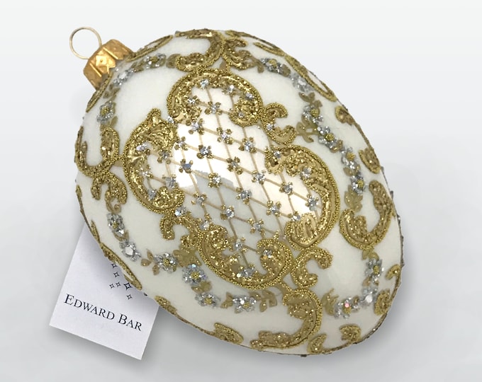 White Pearl Egg, Ornamental, Glass Christmas Tree Ornament With Swarovski Crystals, Handmade in Poland, Royal Eggs, Royal Eggs