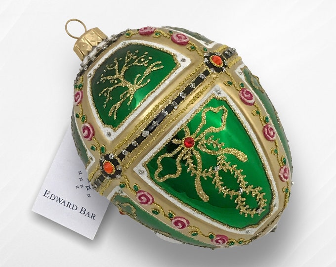 Green Egg, Tsarevich Garlands, Glass Christmas Tree Decoration Tsar's Egg in Faberge Style with Swarovski Crystals