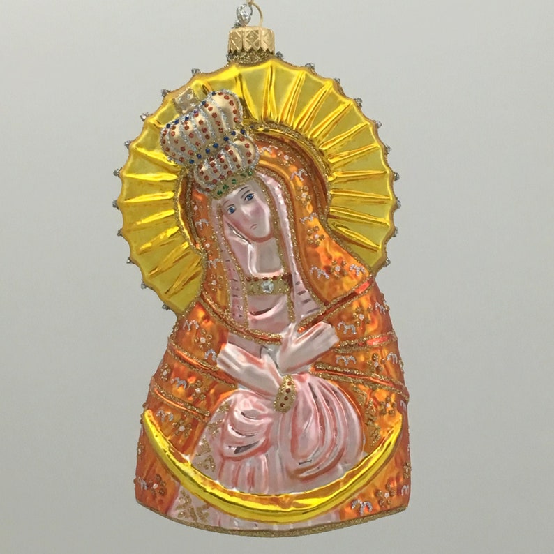 Our Lady of Ostra Brama religious Christmas tree decoration made of glass.