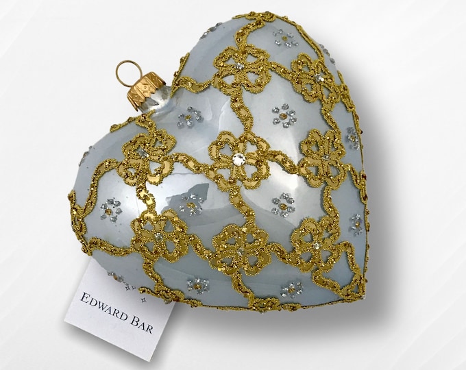 Blue heart, Ribbons, Glass Christmas tree Ornaments with Swarovski crystals, handmade in Poland