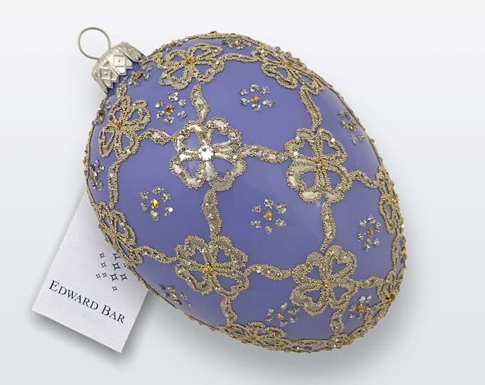Amethyst Egg, Ribbons, Glass Christmas Tree Ornament Handmade In Poland, Edward Bar Ornaments, Faberge Style Tsar's Egg,Polish Glass