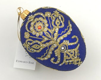 Sapphire egg, Parzenica, glass Christmas tree ornament with Swarovski crystals, Handmade in Poland, Egg faberge style