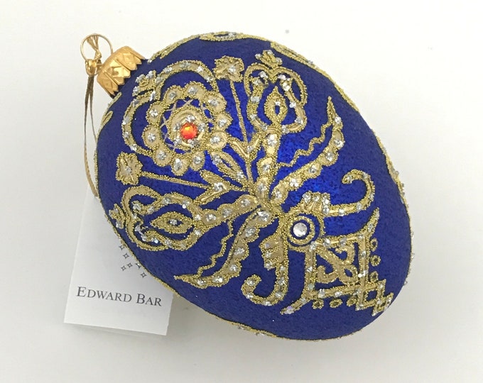 Sapphire egg, Parzenica, glass Christmas tree ornament with Swarovski crystals, Handmade in Poland, Egg faberge style