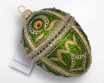 Glass Egg Ornament | Tsar Alex | Hand-Painted Faberge Style | Richly Decorated with Crystals | Luxury Collectible Christmas Bauble