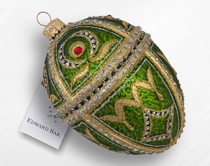 Glass Egg Ornament | Tsar Alex | Hand-Painted Faberge Style | Richly Decorated with Crystals | Luxury Collectible Christmas Bauble