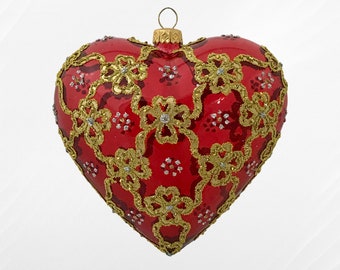 Red transparent heart with ribbons, glass christmas ornament hand-decorated, heart glass bauble,Polish glass traditional,Faberge Style