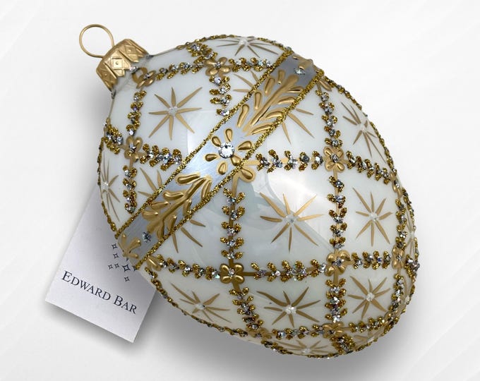 Pearl White Egg, Royal Carriage, Faberge Style, Glass Christmas Tree Ornaments, Handmade With Swarovski Crystals, Edward Bar Ornaments
