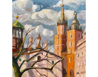 Original Oil Painting | Krakow Church Tower | Cityscape Art | Hand-Painted City View