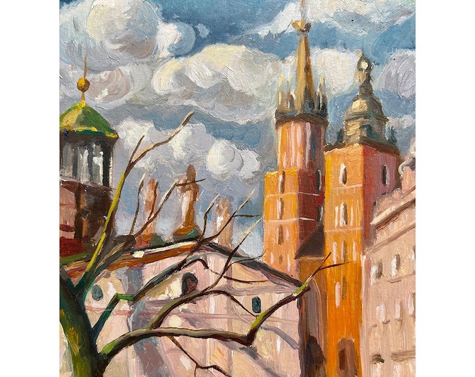 Original Oil Painting | Krakow Church Tower | Cityscape Art | Hand-Painted City View