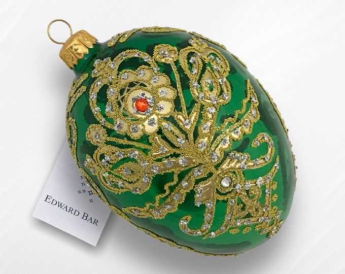Green Transparent Egg, Parzenica Goralska, Glass Christmas Tree Ornament, With Swarovski Crystals, Handmade in Poland,