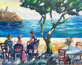 Greek Landscape, Breakfast Under the Tree, Original Painting 12x16 inch