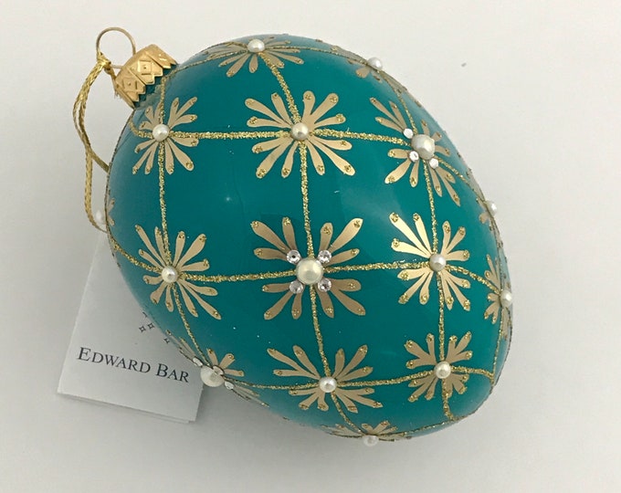 Jade  Egg, Art Deco, 24 Swarovski Crystals & Pearls, Glass Christmas Ornament, Faberge Style, Handmade Decorated