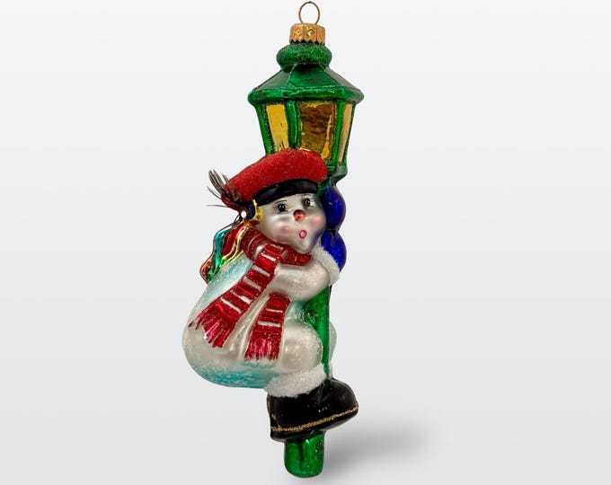 Snowman on a lantern, Glass Christmas tree decoration, Handmade in Poland, Edward Bar decorations