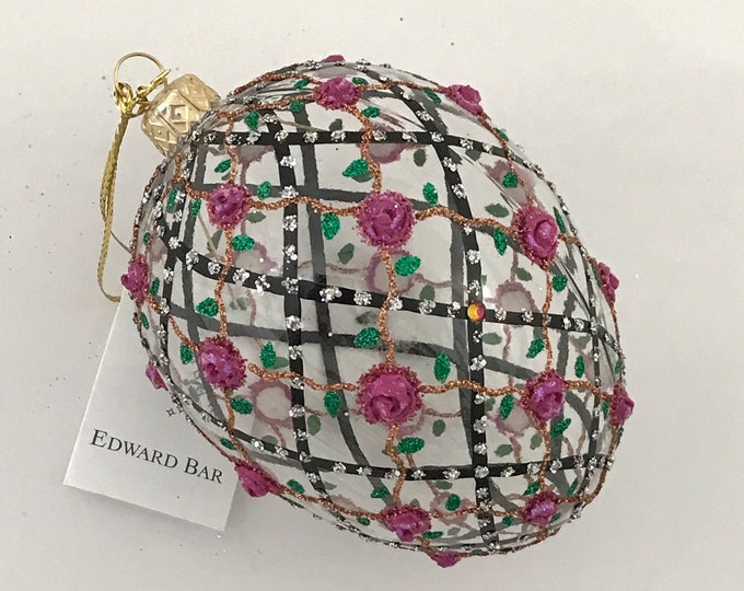 Transparent Egg, Rose onTrellis, Glass Christmas Ornament, Handmade with Swarovski crystals, Edward Bar Ornaments