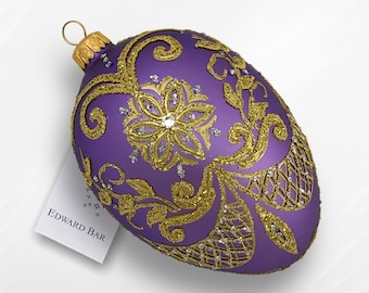 Lilac Egg, Pysanka, Glass Egg Ornament with Swarovski Crystals, Hand Painted Christmas Tree Decorations, Egg Faberge Style