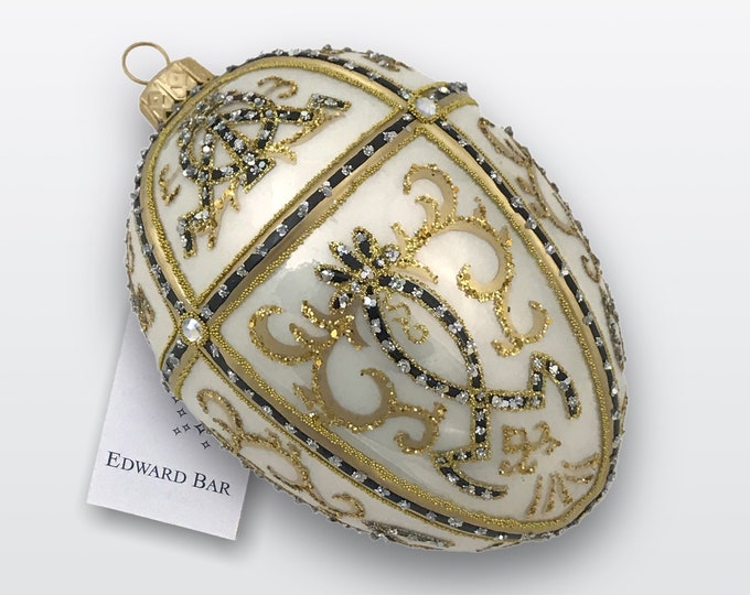 White Pearl Egg, Oriental, Glass Christmas Ornament With Swarovski Crystals, Handmade In Poland, Faberge Style Tsar's Eggs