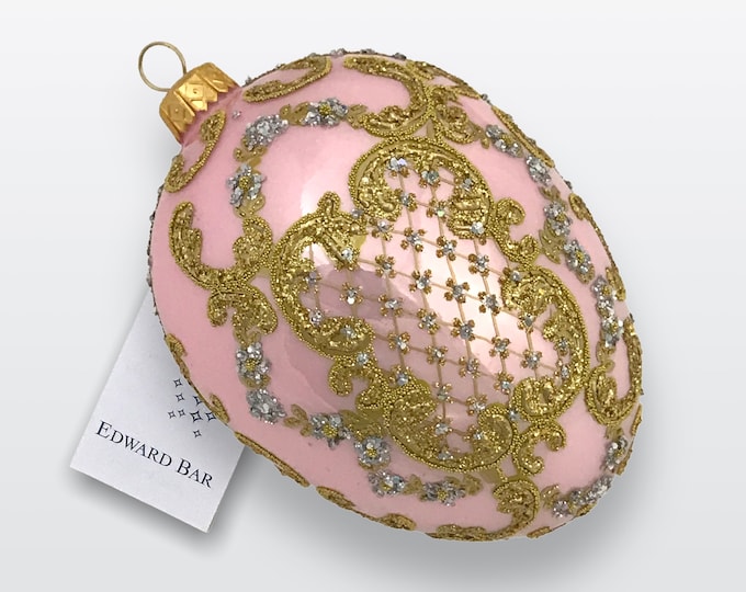 Powder Pink Egg, Ornamental, Glass Christmas Tree Ornament With Swarovski Crystals, Handmade in Poland, Faberge Style Egg, Royal Gift