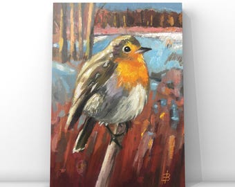 Robin | Winter bird on branch | Paintings of forest birds | Paintings on canvas