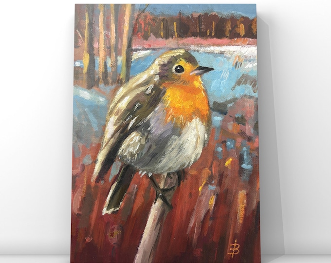 Robin | Winter bird on branch | Paintings of forest birds | Paintings on canvas