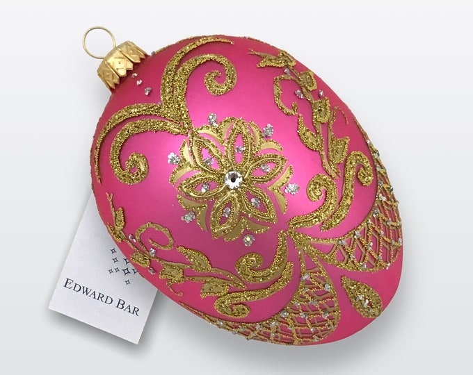 Pink Easter Egg, Pysanka, Glass Egg Ornament with Swarovski Crystals, Hand Painted Christmas Tree Decorations, Egg Faberge Style