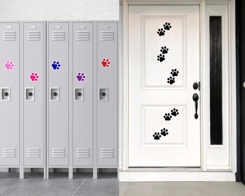 May include: Four gray metal lockers with paw print stickers in pink, blue, and purple. A white door with black paw print stickers.