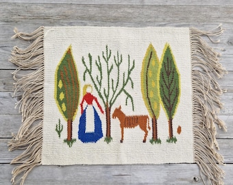 Vintage Scandinavian Wool Tapestry: 1970s Nordic Folk Art with Woman and Horse