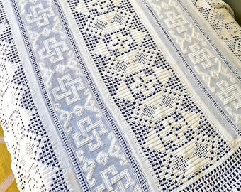 Vintage gehaakte sprei | Witte kanten deken | Handgemaakte katoenen deken | Boerderij beddengoeddecoratie | Cottagetextiel