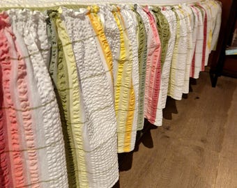 Vintage Ruffled Bedspread | White Seersucker Bedding | Pink Green Stripe Quilt | Cottage Farmhouse Bedroom Decor
